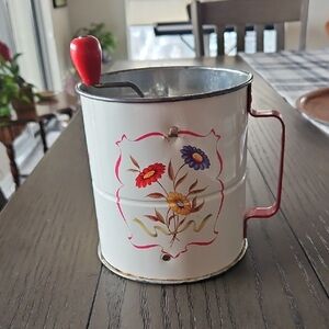 Vintage Floral Flour Sifter with Red Handle